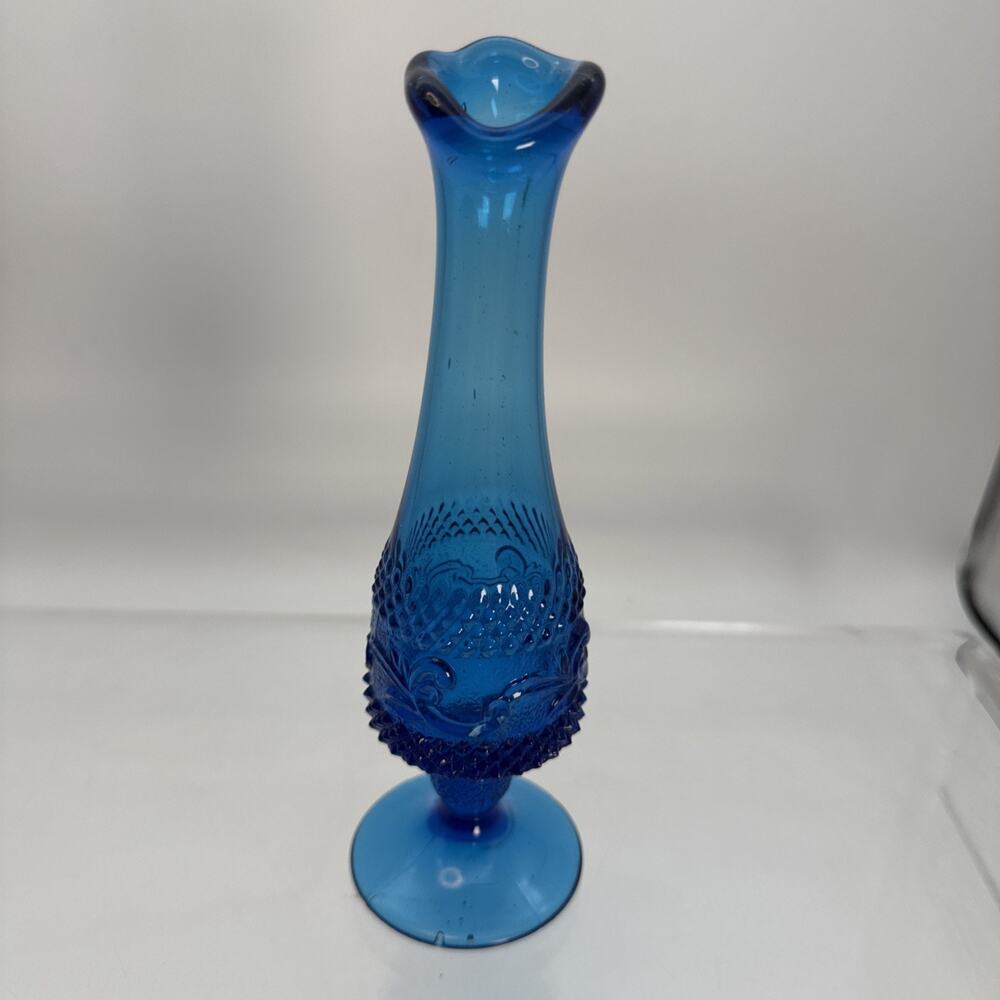 MCM Blue Glass Swung Pedestal Sandwich Pattern 8.25" Stretch Vase Indiana Glass